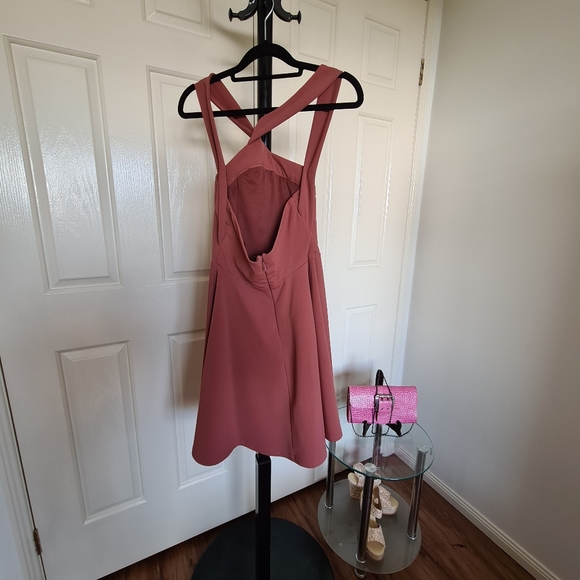 Knight Angel 8 Brown Crosses Halter Straps Flare Pleated Bodycon Maxi Midi Dress - Picture 7 of 11